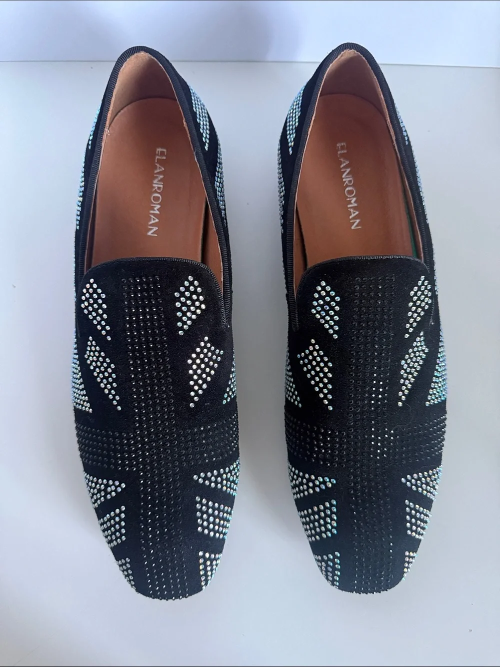 ELANROMAN Men's Loafers Leather Rhinestone Wedding Party Dress Shoes EU 46